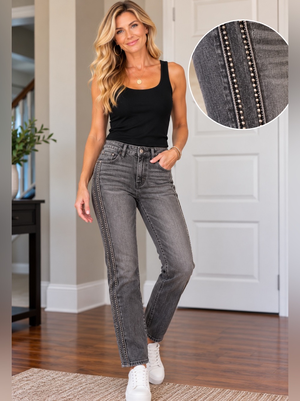 Stud-Trim Grey Women’s Straight Jeans